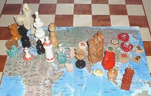 A picture of old chess pieces on a map